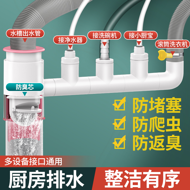 洗衣机厨房下水管三头通防臭