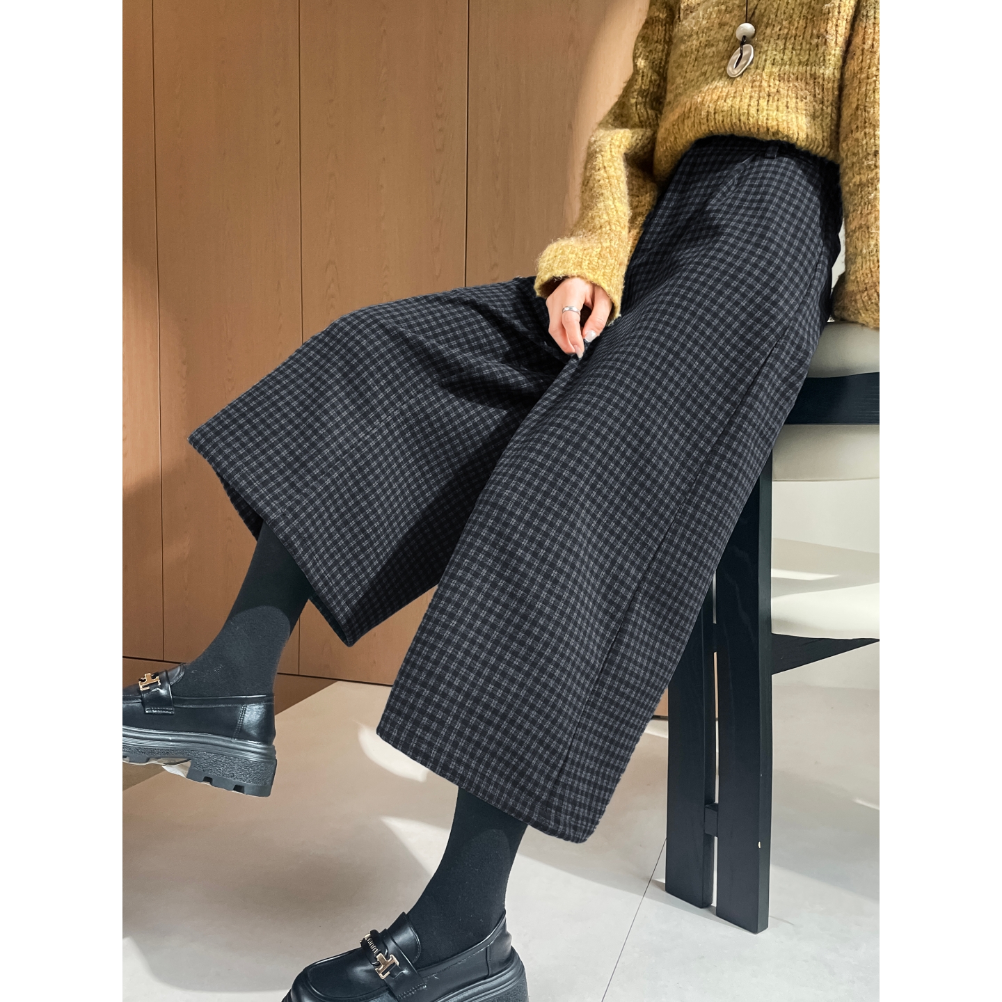 加厚西装毛呢阔腿裤女秋冬八分裤小个子呢子休闲宽松格子裤七分裤