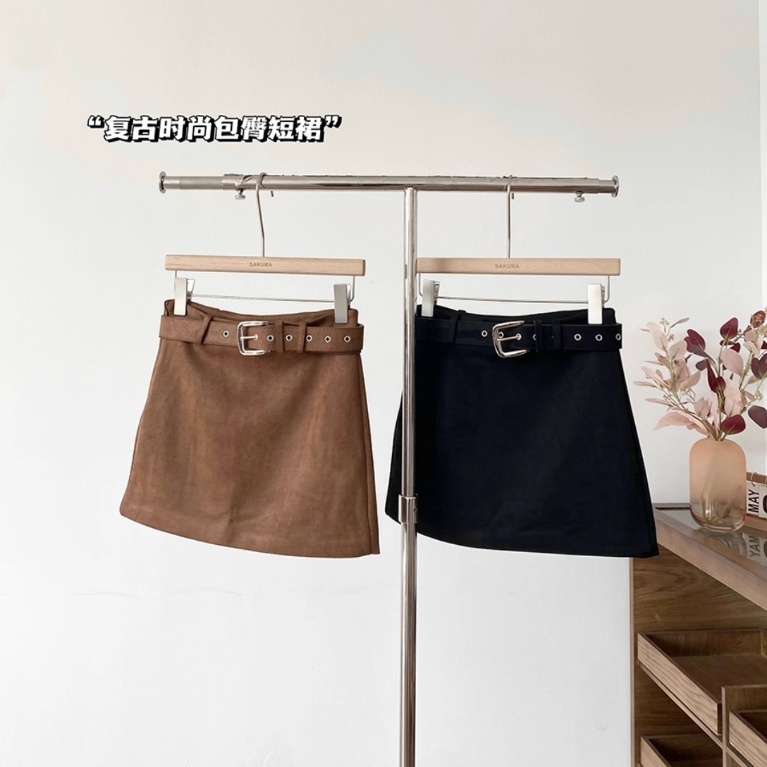 大码麂皮绒半身裙女防走光配皮带