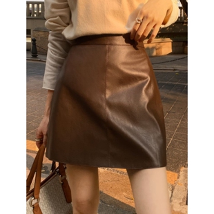 咖色PU皮裙女微胖mm春季 显瘦半裙 配靴包臀裙高级感a字半身裙修身