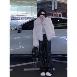 黑色pu直筒皮裤 宽松阔腿裤 女小个子2026春季 高腰显瘦窄版 新款 美式