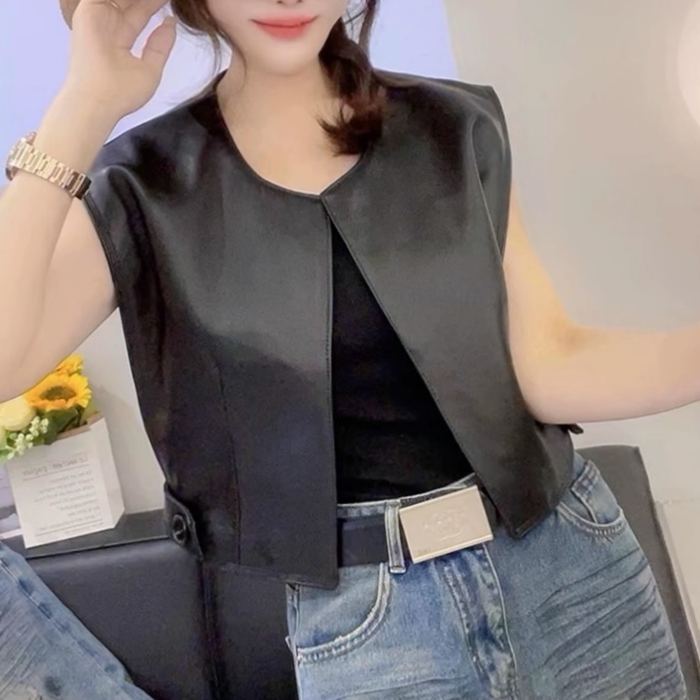 大码胖mm欧货新款PU皮衣女马夹