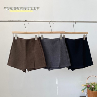 裙 加厚百搭a字短裤 微胖mm不规则开叉高腰灰色呢子休闲裙裤 女冬季