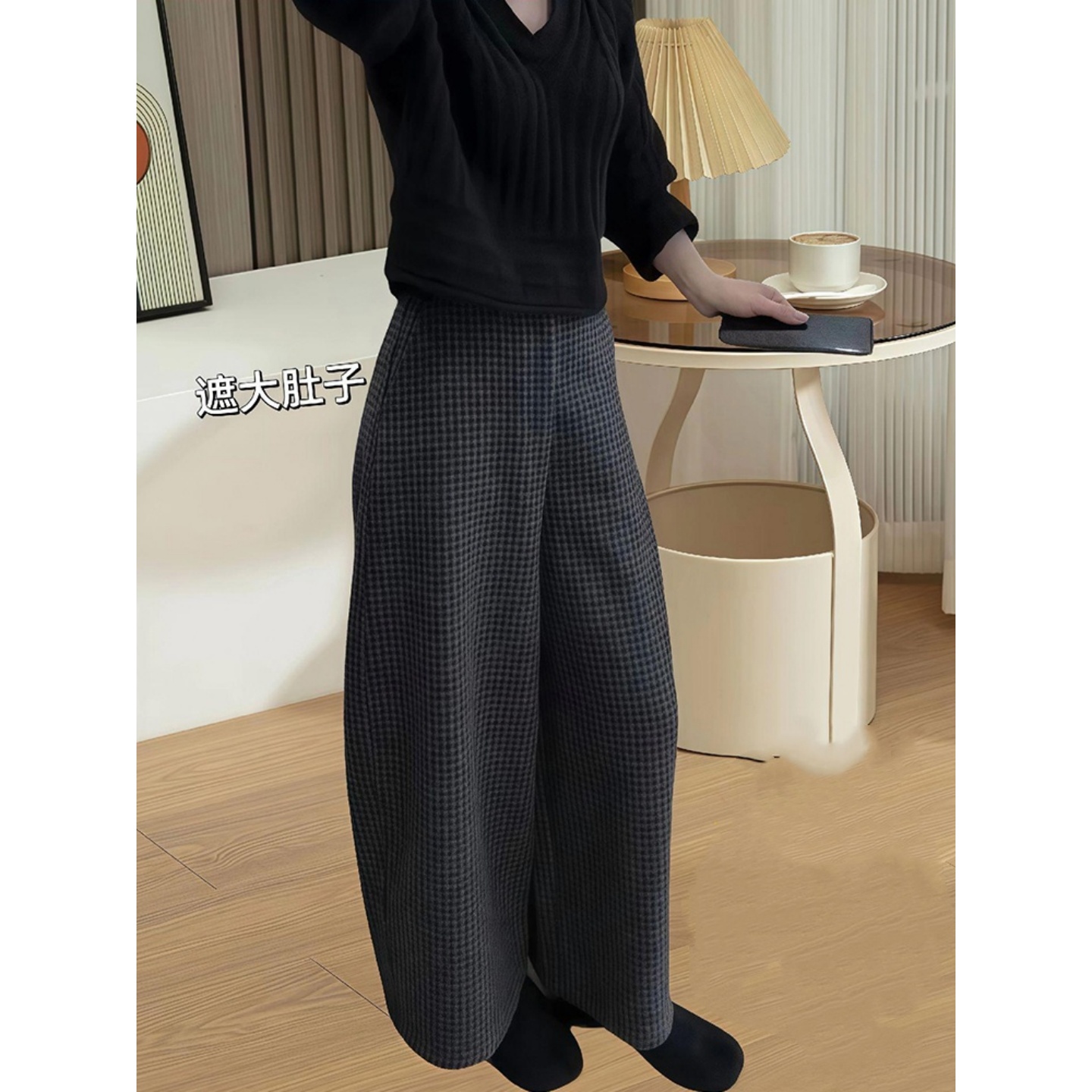 格子阔腿裤女冬季新款大码胖宽松