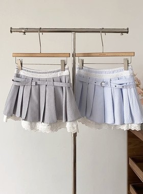 减龄甜美小个子蕾丝花边条纹半身裙女2025春秋新款防走光短裙子