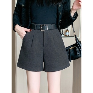 高腰显瘦休闲裤 灰色毛呢西装 女秋冬微胖mm显瘦a字阔腿靴裤 短裤 裤