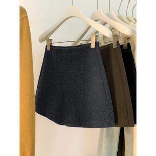 高腰包臀a字半身裙裤 秋冬新款 女 复古小开叉斜纹加厚毛呢短裤 大码