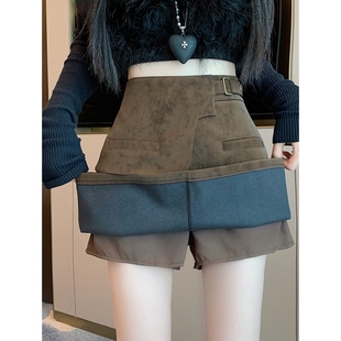 微胖mm美式辣妹鹿皮绒包臀短裙女春季不规则皮裙设计感皮扣半身裙