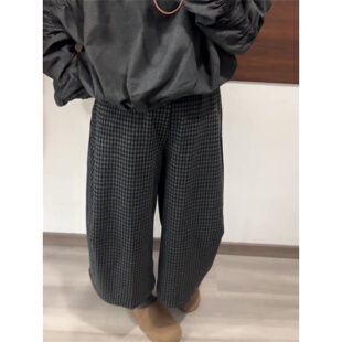 大码韩系格子毛呢九分休闲阔腿裤女2026新款高腰百搭八分萝卜裤子