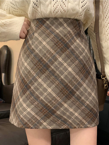 微胖mm格子毛呢半身裙防走光短裙