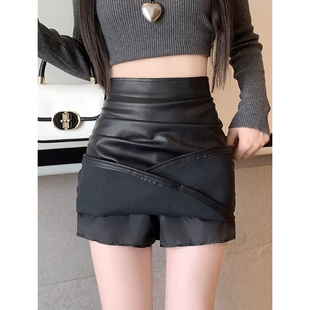 褶皱高腰a字短裙防走光包臀裙 新款 大码 百搭黑色PU皮半身裙女秋季