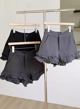 大码灰色花苞毛呢短裤女春季高腰a字外穿木耳花边格雷系miu里靴裤