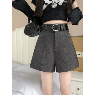 高腰显瘦外穿打底靴裤 女秋冬新款 子 灰色加厚毛呢a字阔腿短裤 大码