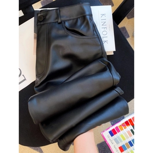 大码黑色皮裤女裤2025新款秋季款高腰宽松直筒垂感小个子阔腿长裤