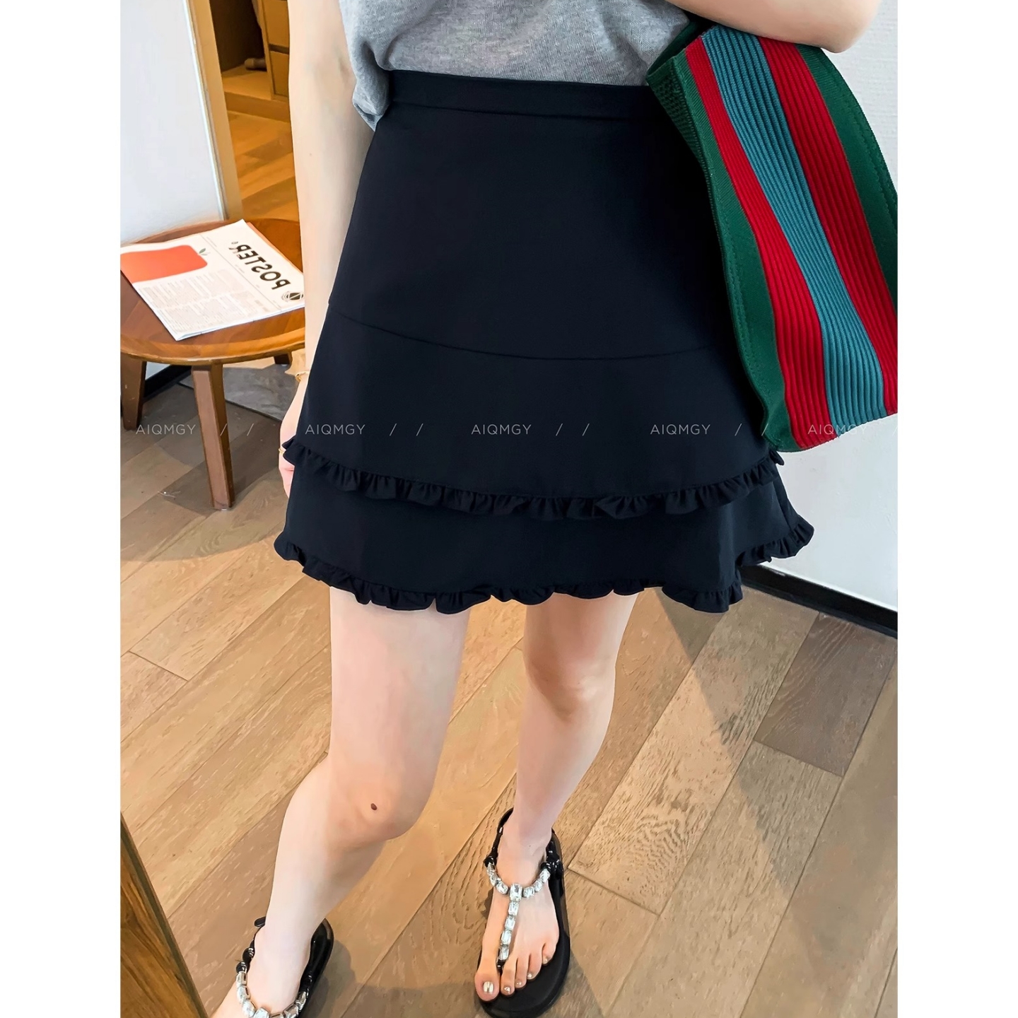 双层木耳边高腰辣妹半身裙