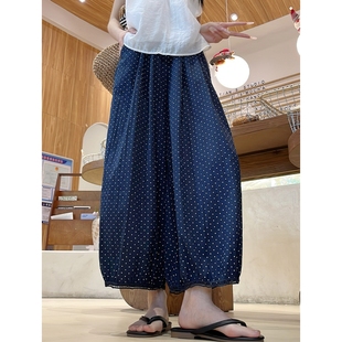 微胖mm藏青色镂空波点裤 女夏季 小个子高腰休闲日系九分阔腿灯笼裤