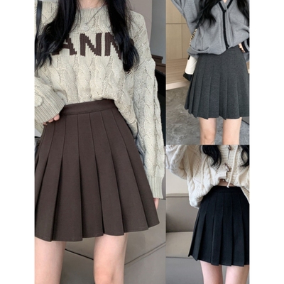 大码毛呢百褶裙女咖色jk半身裙