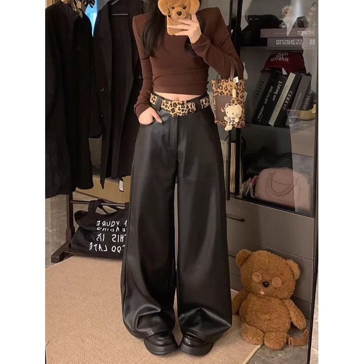 黑色美式辣妹加绒加厚皮裤
