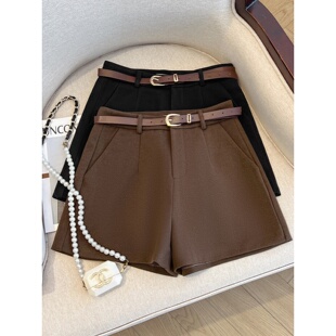 大码高腰咖色毛呢短裤女春季新款小个子显瘦打底阔腿a字外穿靴裤