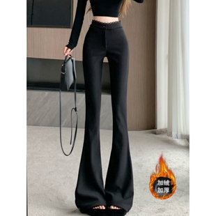 新款 女春季 弹力西装 喇叭裤 大码 高腰垂感显瘦休闲马蹄裤 黑色微喇裤