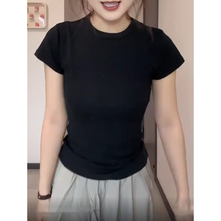 正肩纯棉短袖 2025新款 白色基础款 t恤女夏季 辣妹上衣 修身 显瘦短款