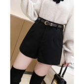 显瘦外穿阔腿a字靴裤 微胖mm高腰黑色毛呢短裤 女秋冬配靴子休闲裤