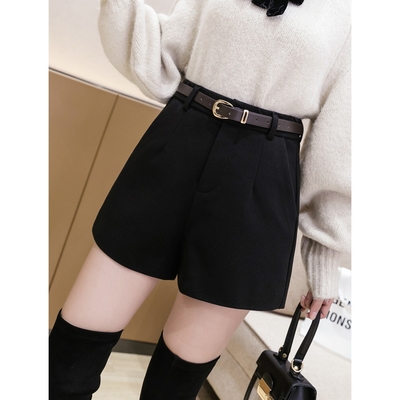 胖mm高腰黑色毛呢短裤女a字靴裤