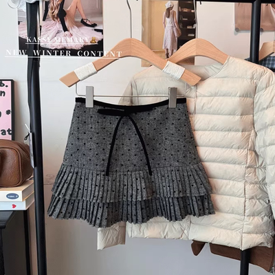 灰色蝴蝶结波点百褶毛呢半身裙女