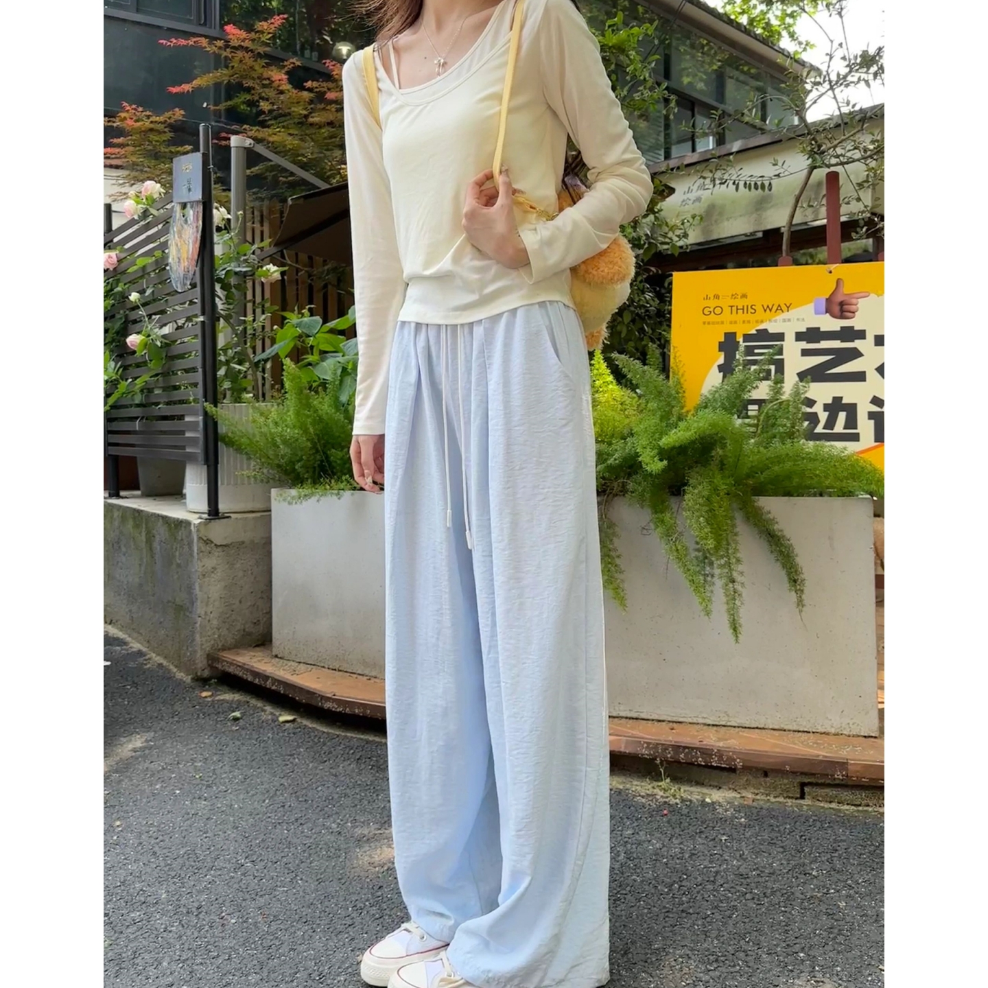 大码胖mm蓝色冰丝山本裤女夏高腰显瘦防晒裤宽松垂感运动阔腿长裤