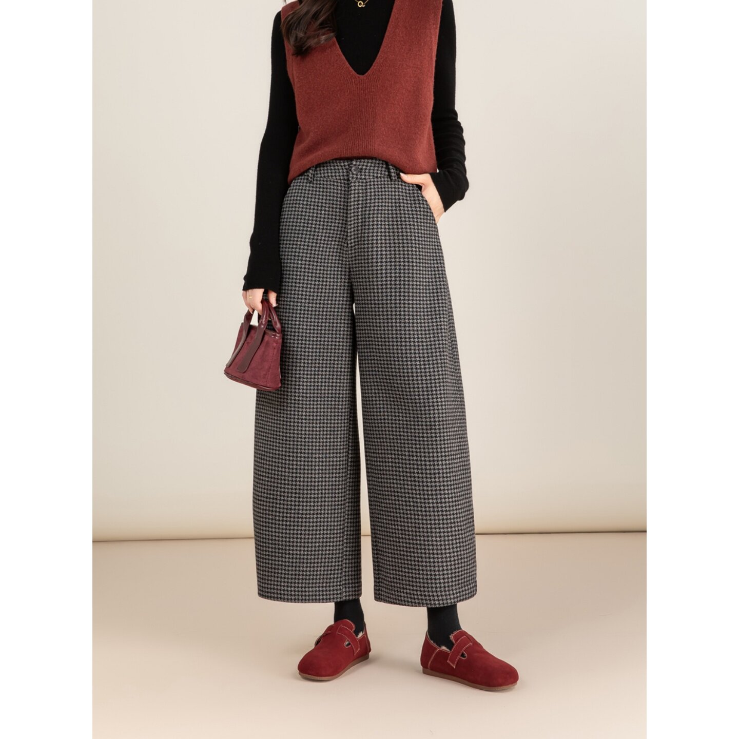 千鸟格羊毛呢高腰阔腿裤女2025冬
