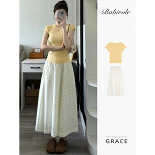 胖mm法式 复古miu系绝美好看高腰显瘦A字中长裙气质白色波点半身裙