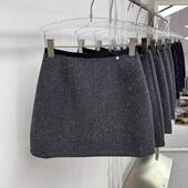 灰色亮片闪闪毛呢半身裙女春季 加厚a字包臀止步细闪重工气质短裙
