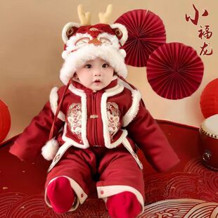 抓周宴女宝礼服冬季婴儿冬季加厚连体衣服冬装加绒红色喜庆拜年服