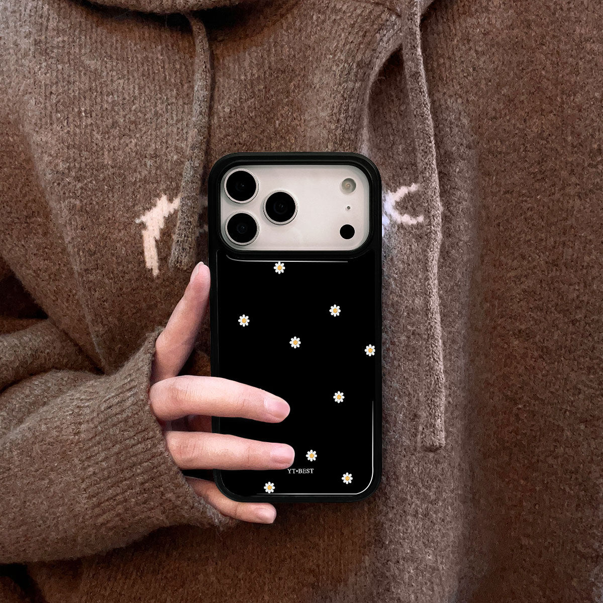 适用iphone16promax手机壳17韩风ins黑色小雏菊苹