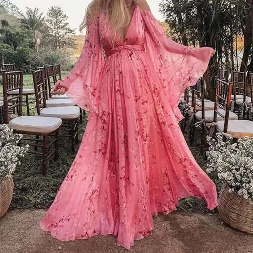 欧美V领时尚碎花长裙孕妇