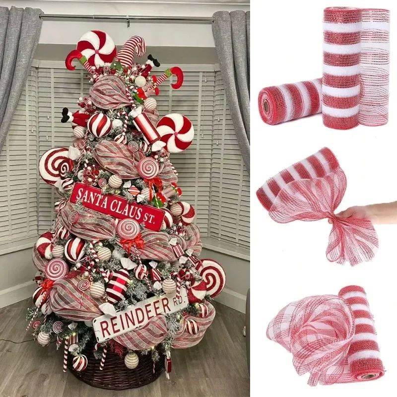 26cm 10Yard Christmas Red White Metallic Mesh Ribbon Xmas Tr