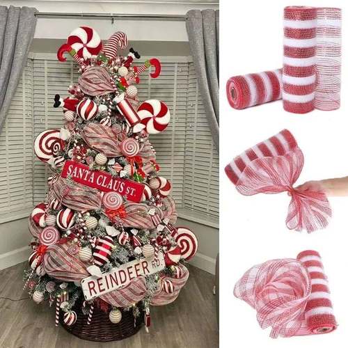 26cm 10Yard Christmas Red White Metallic Mesh Ribbon Xmas Tr