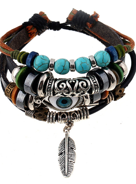 bracelet women hand catenary men皮绳蓝眼睛多层情侣女手链手环