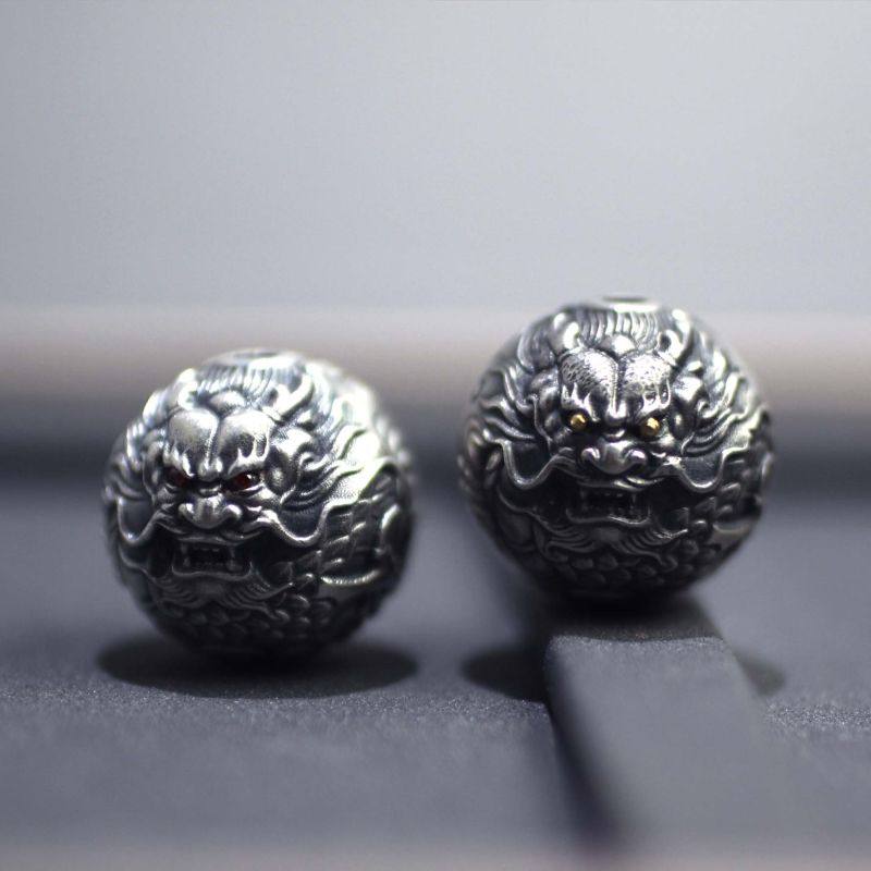 纯银diy复古纯银925银龙珠手串珠银配件手工银配饰圆形男士银手链