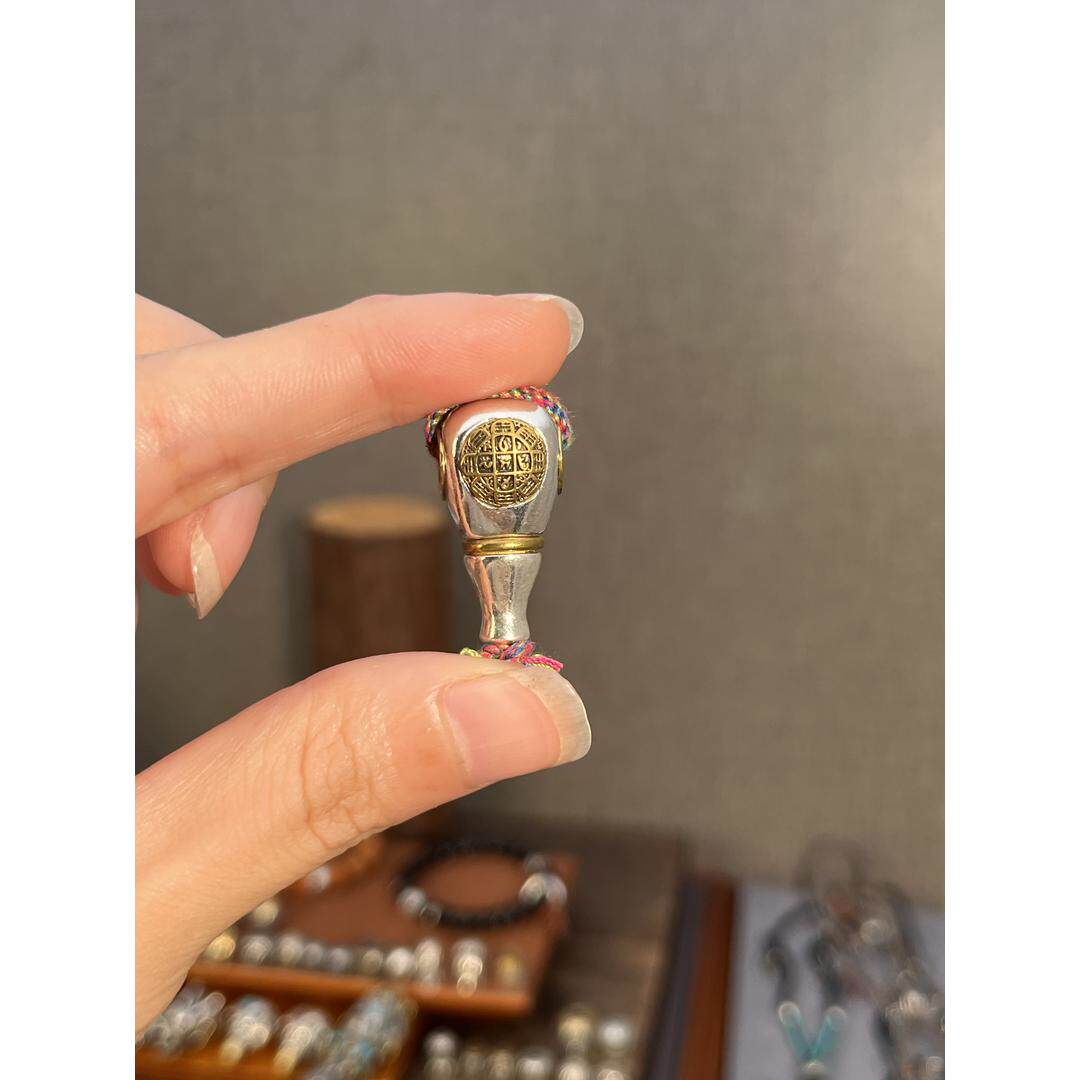 S925纯银文玩九宫款撞色分体佛头三通星月菩提柏香籽念珠藏式配饰