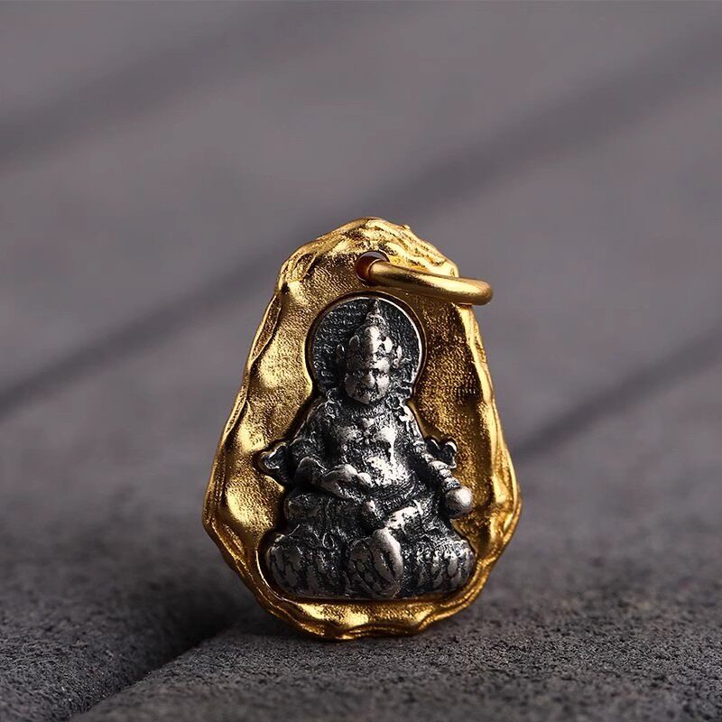 925纯银 黄cai神吊牌银镀金古法金diy 吊坠挂件饰品diy文玩配件