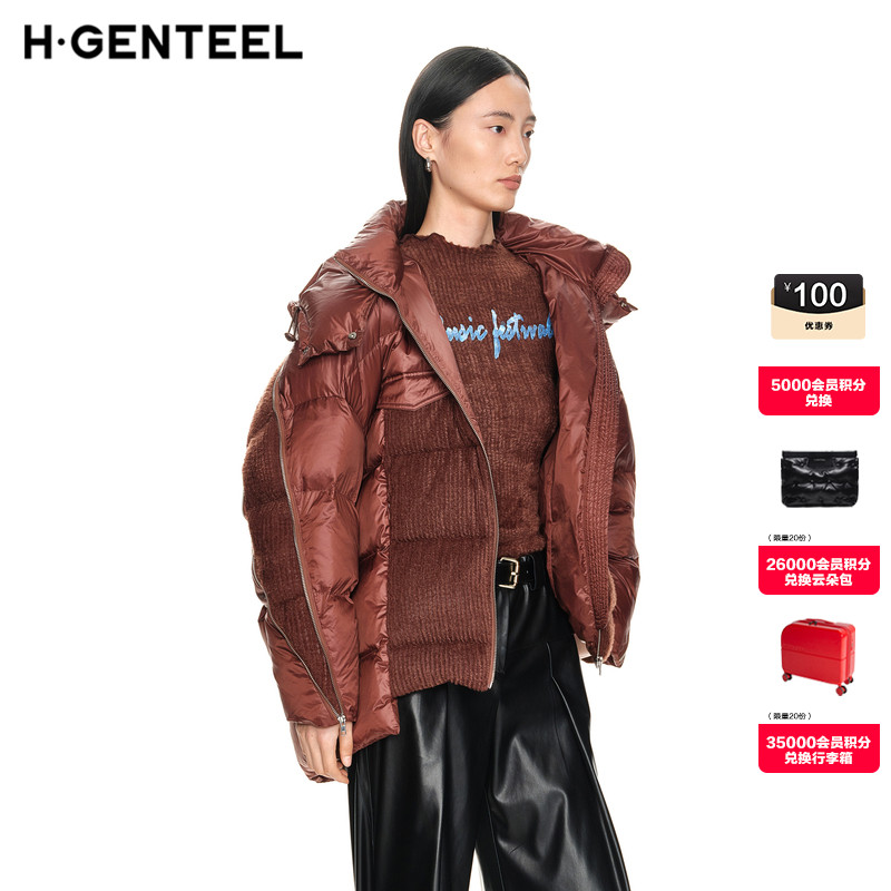 H·GENTEEL荷高新款冬装女廓形立领拉链式门襟插袋白鹅绒羽绒服女