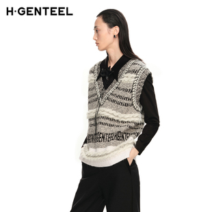 H·GENTEEL荷高新款 冬装 女V领条纹宽松廓形图案针织衫