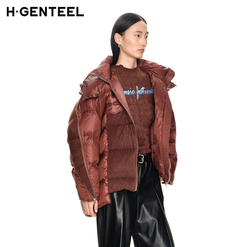 H&middot;GENTEEL荷高新款冬装女廓形立领拉链式门襟插袋白鹅绒羽绒服女