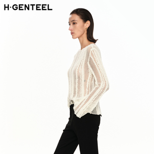 H·GENTEEL荷高新款 夏装 女温米色纱线一字领设计分割线针织衫