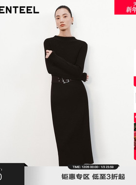 H·GENTEEL荷高新款冬装女拼接毛边腰带针织连衣裙GUE43750682