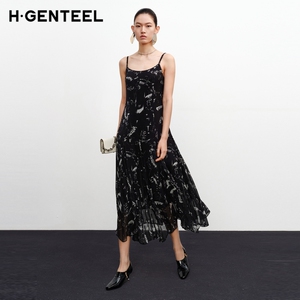 H·GENTEEL荷高年新款秋装可调节肩带印花桑蚕丝吊带连衣裙女