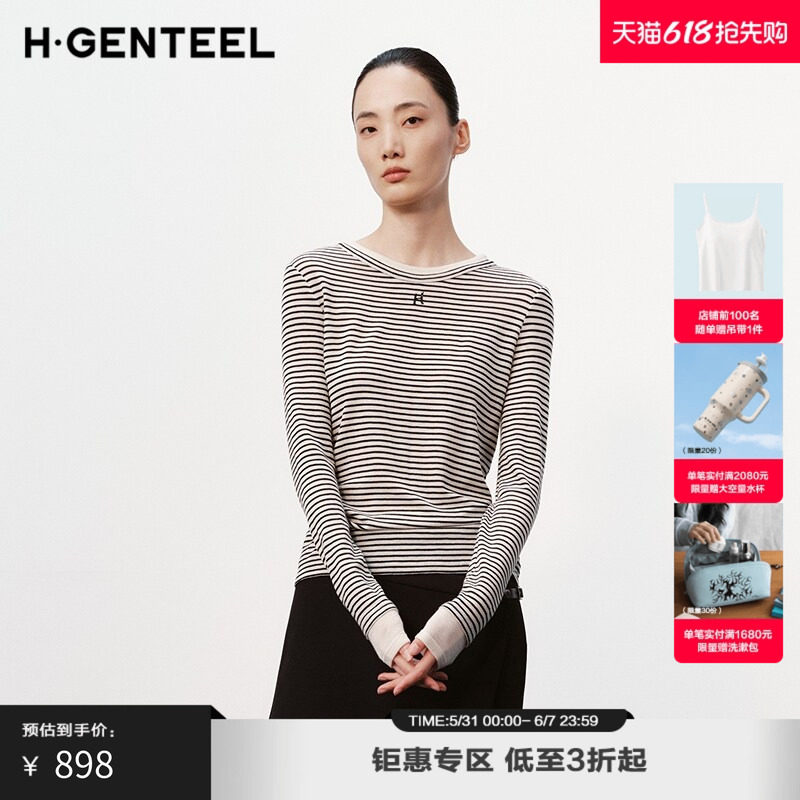 H·GENTEEL荷高新款冬装女直身黑白条纹套头纯羊毛毛针织衫女