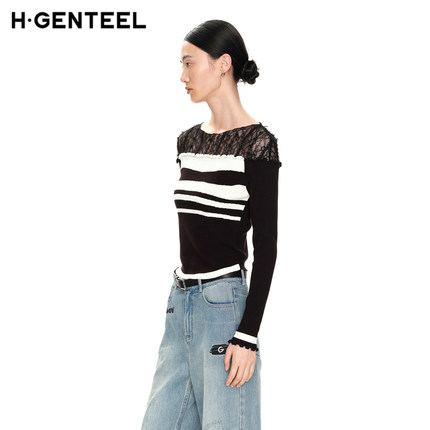 H·GENTEEL荷高新款冬装女拼蕾丝滑板主题条纹毛针织衫女