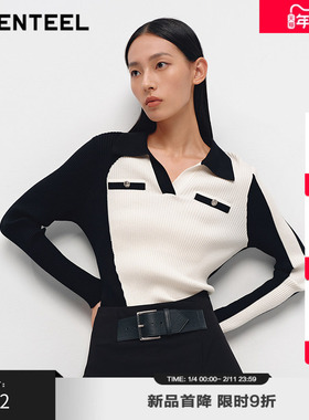 TH·GENTEEL荷高25新款春装女黑白撞色毛衫简约时髦通勤针织衫